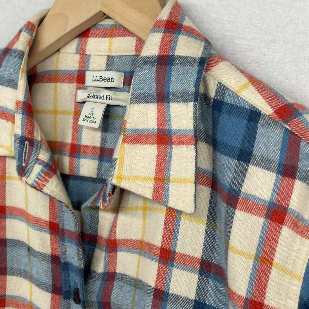 LL BEAN Top Womens S Scotch Plaid Flannel Shirt Relaxed Fit Button Up Ivory Blue - Picture 6 of 16